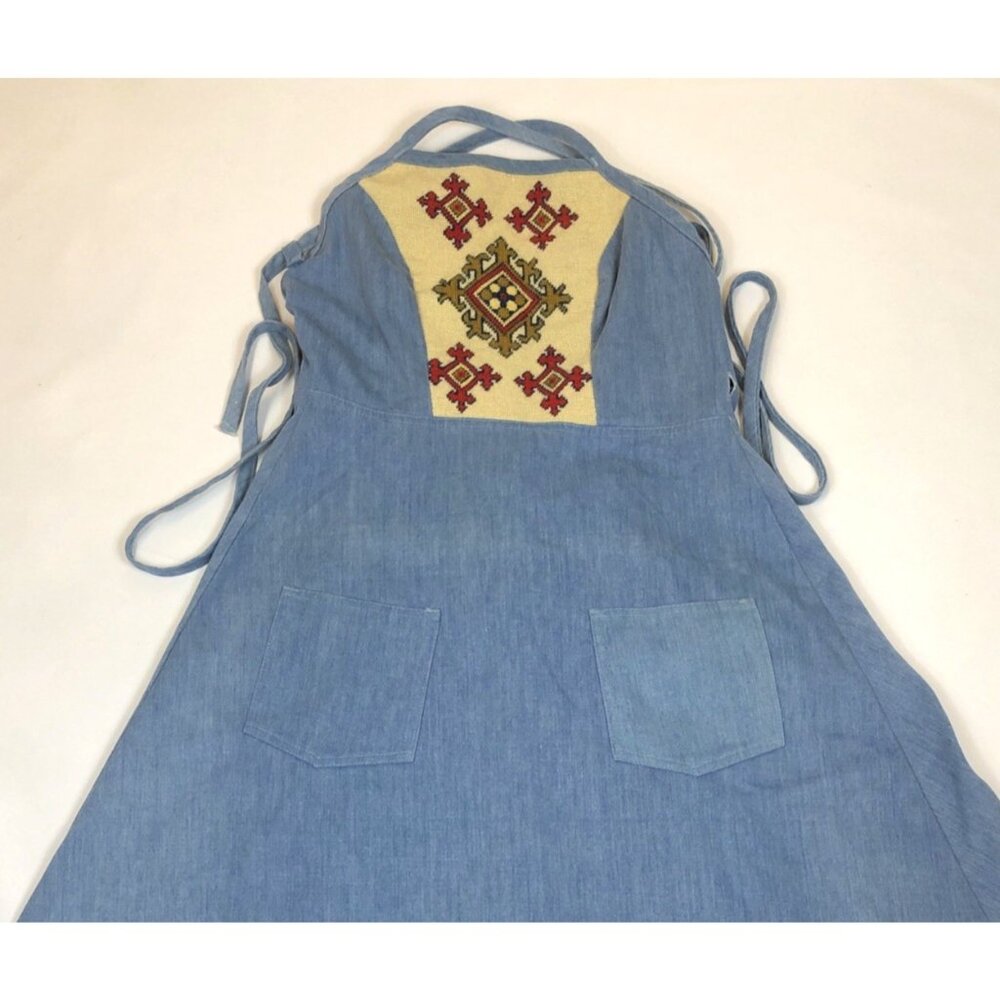 Slantzi Craft Vintage Denim Wrap Dress Embroidered Apron Style Stowe VT Small - Picture 2 of 10